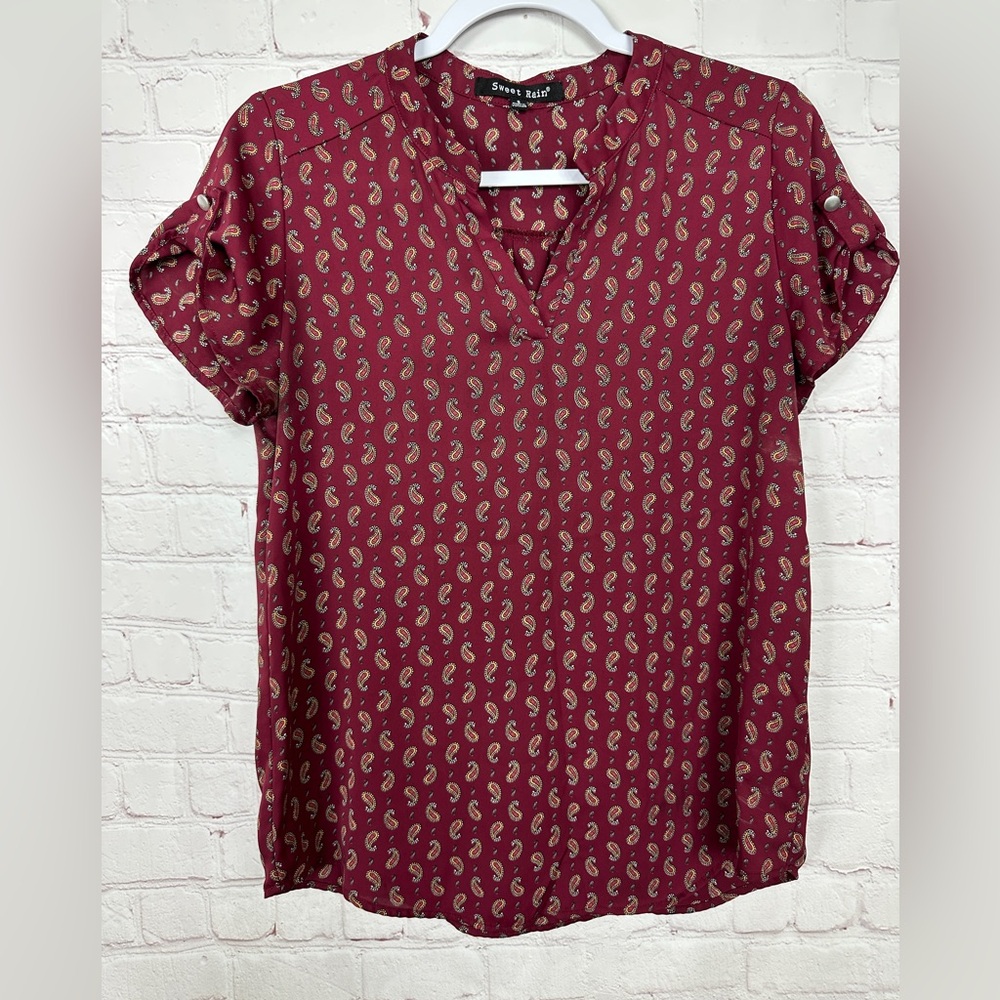 Sweet Rain Blouse Womens‎ Red Paisley Lightweight Short Sleeve Career Sz S